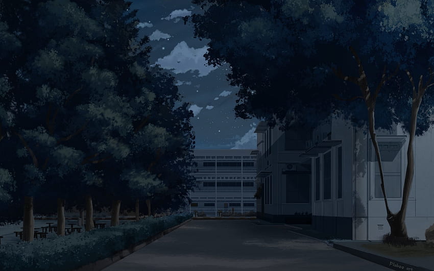 Anime Night, Building, Trees, Scenery, School Background for MacBook Pro 15 inch, Anime School Building HD wallpaper