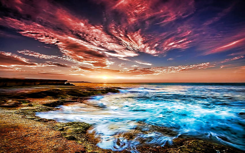 maravilloso colorido paisaje costero r, mar, apuntalar, nubes, colores, r, rocas, puesta de sol fondo de pantalla