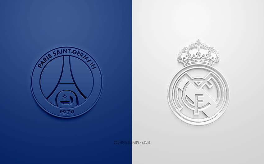PSG vs Real Madrid, 2022, Liga Champions UEFA, Kedelapan final, logo 3D, latar belakang biru putih, Liga Champions, pertandingan sepak bola, Liga Champions 2022, PSG, Real Madrid Wallpaper HD