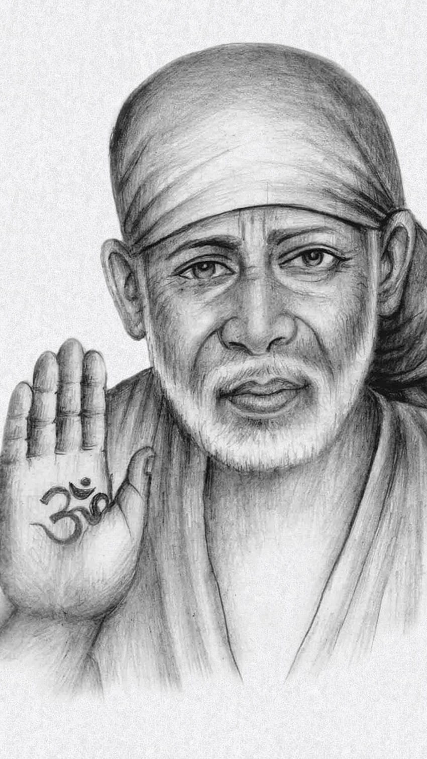 White Canvas Portrait Sketch of Sai Baba