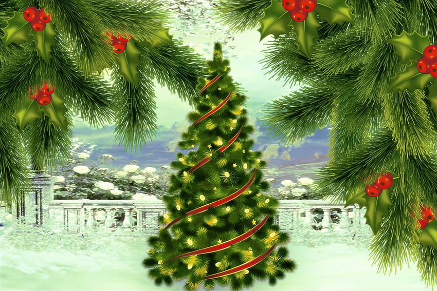 Red Ribbon Christmas Tree, Winter, Seasonal, Christmas, Snow, Tree, Festive, Scenic HD wallpaper