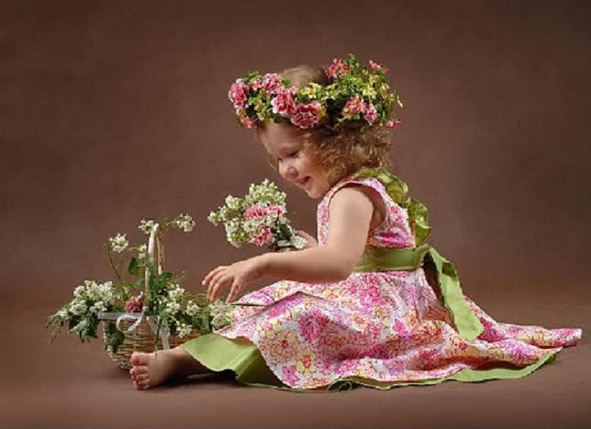 Flower child, girl, beautiful, dress, pink, sitting, green, flowers, flower crown, child, innocence HD wallpaper