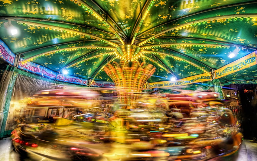 a small carousel in motion r, night, lights, spinning, r, carousel, motion HD wallpaper