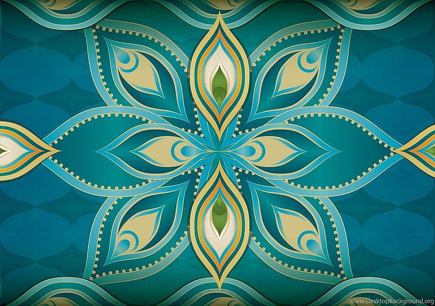 Blue Teal And Gold Exotic Indian Pattern Mural. Background HD wallpaper