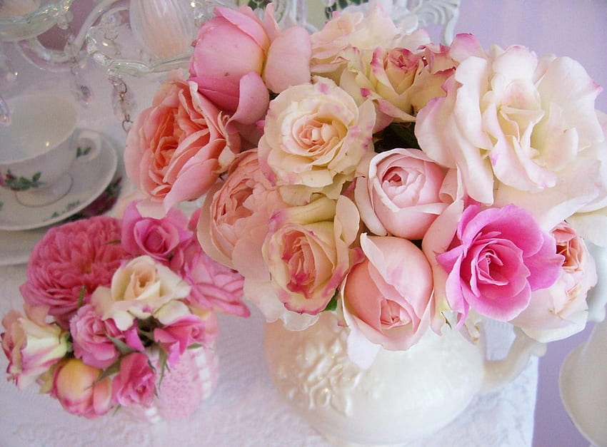 Fiori, rose, bouquet, tavola, vaso, servizio Sfondo HD
