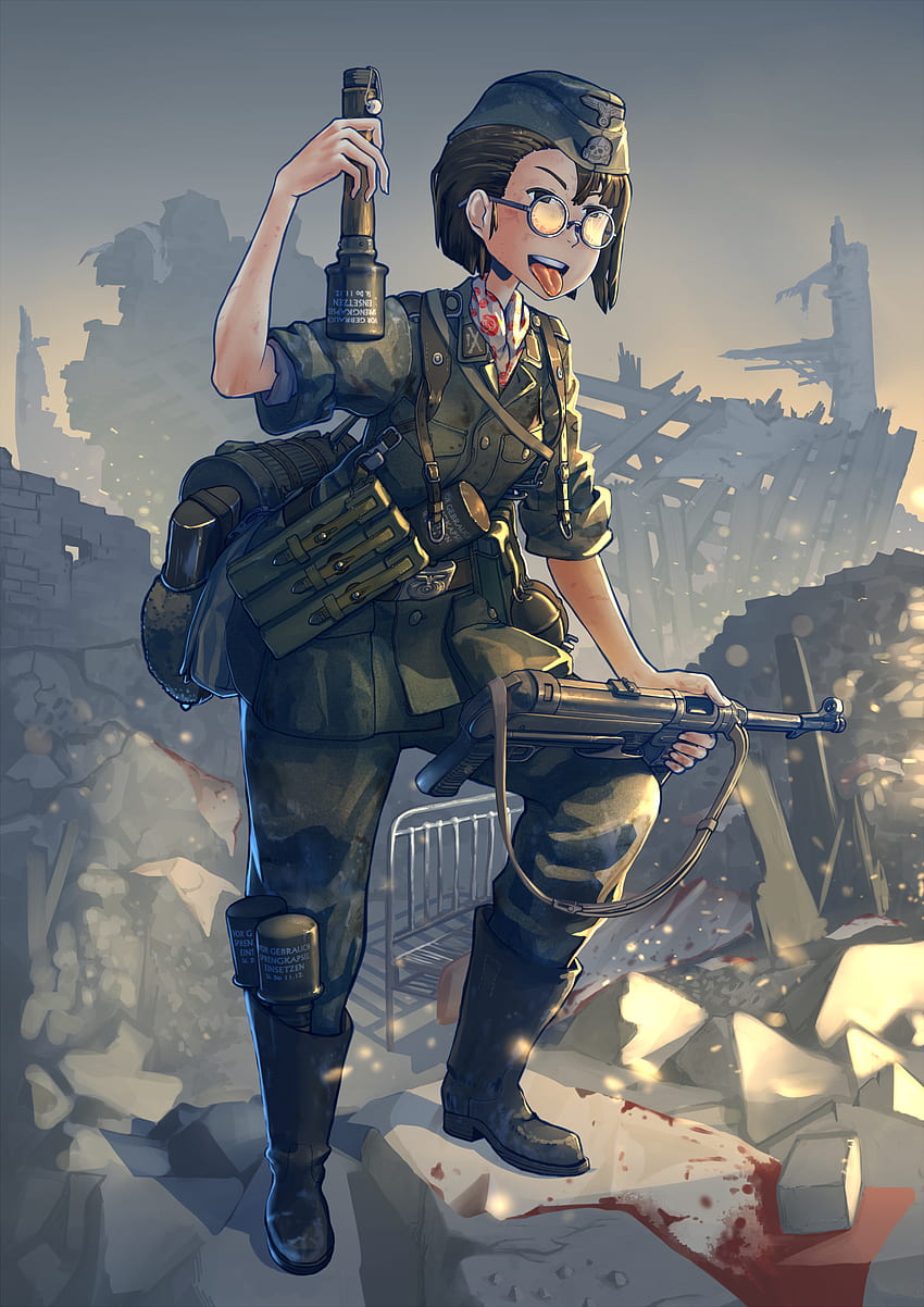 Anime Anime Mädchen Waffen Ss Bundeswehr Kurzhaar Brille Zweiter Weltkrieg Uniform Soldat Waffe Waffe M - Resolution:, WW2 Anime HD-Handy-Hintergrundbild