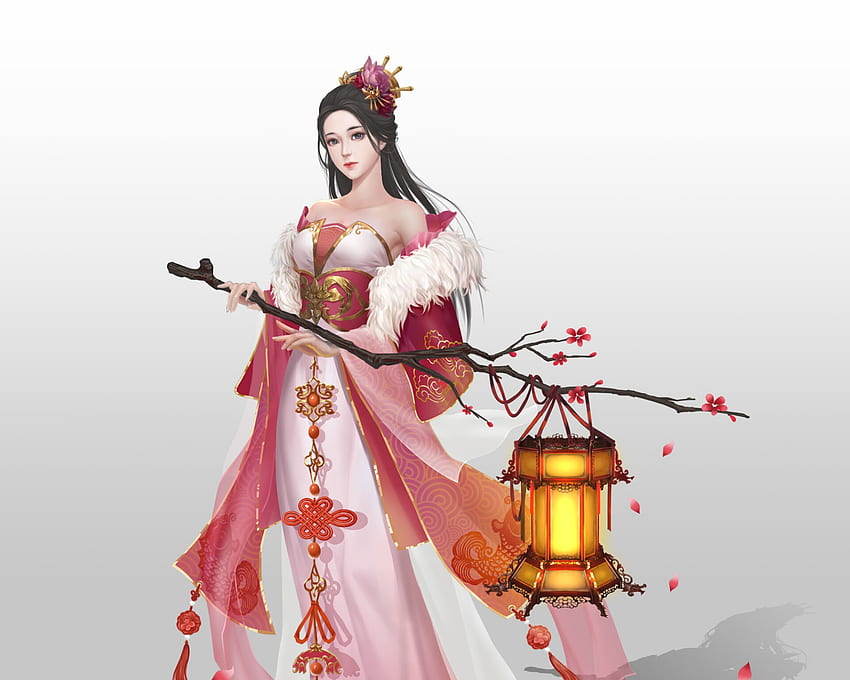 Princess, frumusete, pink, fantasy, asian, lantern, girl, ziyu pu HD wallpaper