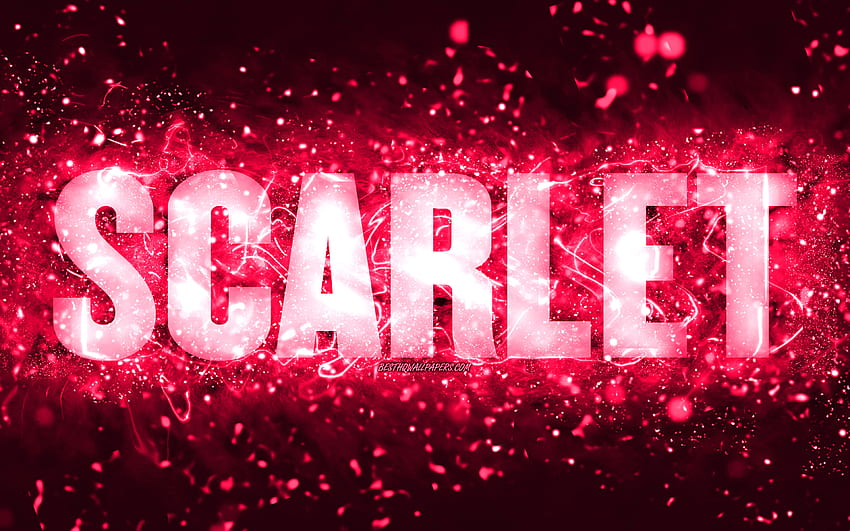 Happy Birtay Scarlet,, lampu neon merah muda, nama Scarlet, kreatif, Scarlet Happy Birtay, Scarlet Birtay, nama wanita Amerika populer, dengan nama Scarlet, Scarlet Wallpaper HD