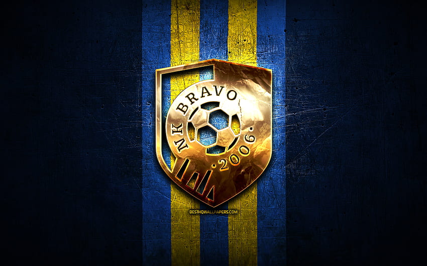 Bravo FC, ouro logotipo, Prva liga, metal azul de fundo, futebol, Esloveno clube de futebol, NK Bravo logotipo, Eslovênia, NK Bravo papel de parede HD