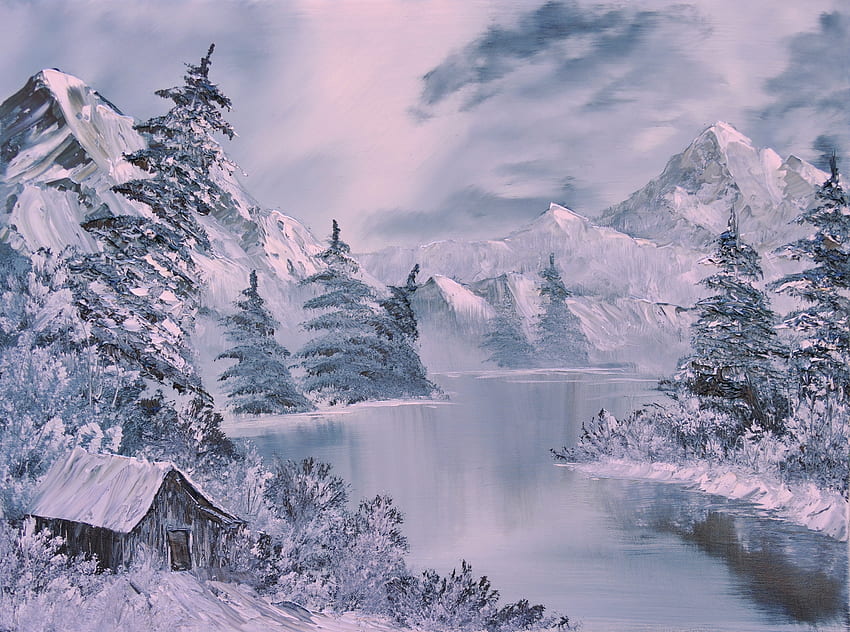 Winter, Rivers, Art, Small House, Lodge, Painting, Ate HD wallpaper