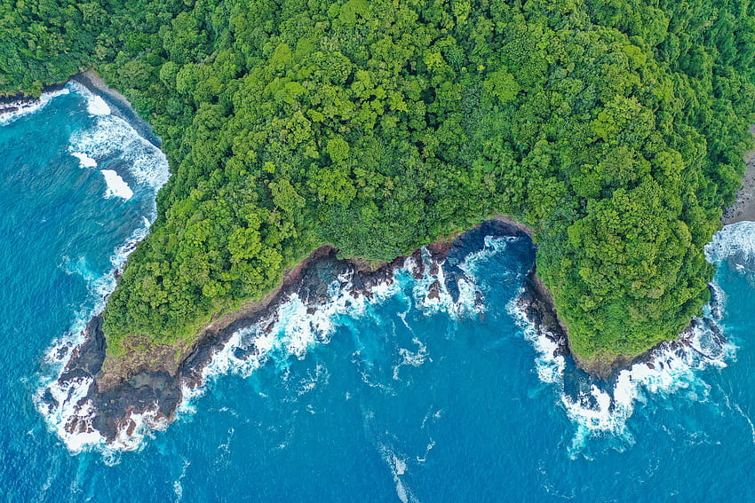 Coast, island, ocean waves collision, aerial view HD wallpaper