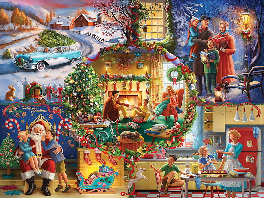 クリスマスの伝統、料理、歌、プレゼント、クリスマス、雪、木、伝統、ストッキング、サンタ 高画質の壁紙