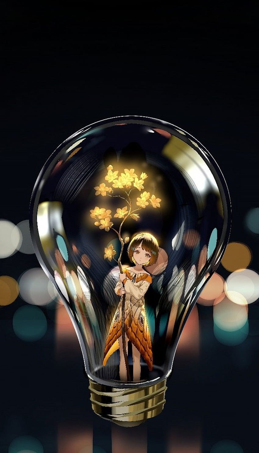 Girl In a bulb, Kunst, Glas, Anime, dunkel, hell, schwarz HD-Handy-Hintergrundbild