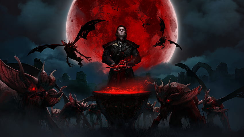 2019, red moon and monsters, Gwent: The Witcher Card Game, Video game HD wallpaper