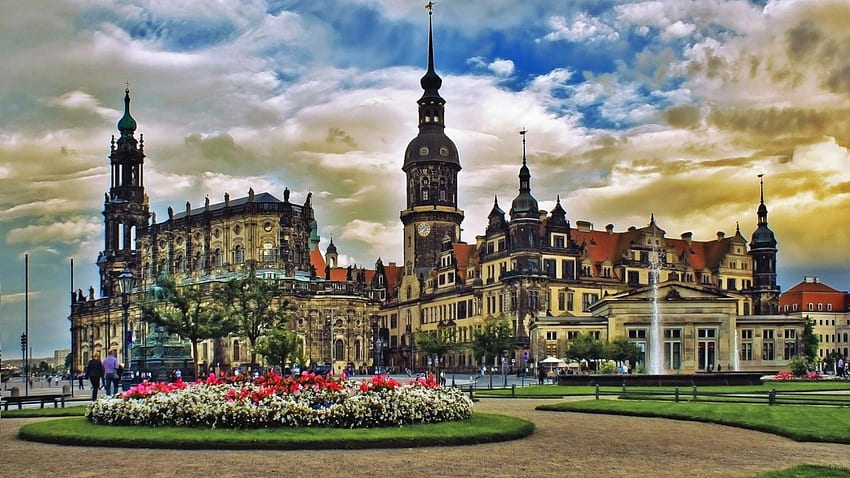 dresden cathedral in r, gardens, clouds, r, towers, cathedral HD wallpaper