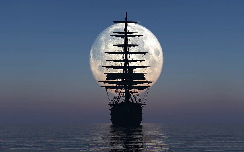 船, 日没, その他, 海, 月, その他 高画質の壁紙
