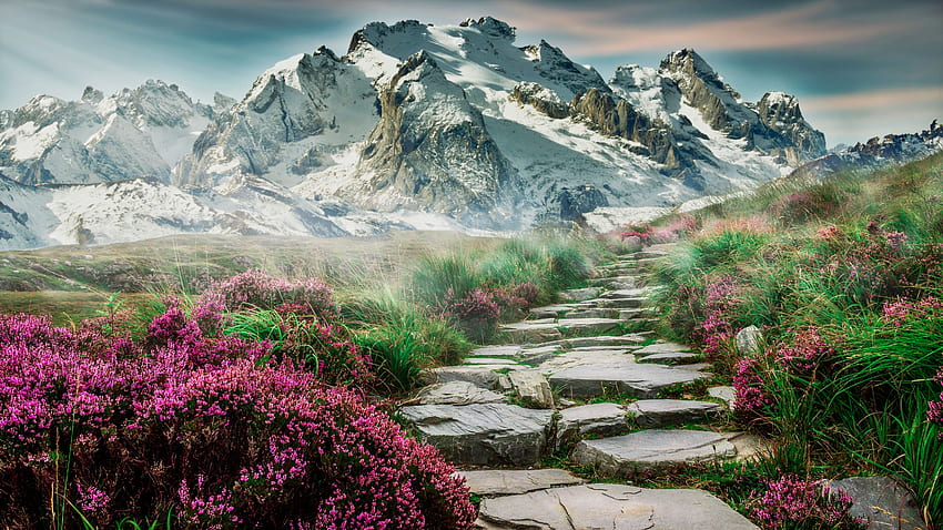 Mountains , Path, Hill, Spring, Landscape, Scenery, Stone staircase, , Nature HD wallpaper
