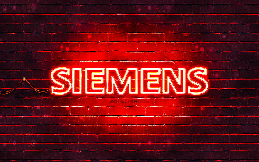 Siemens red logo, , red brickwall, Siemens logo, brands, Siemens neon logo, Siemens HD wallpaper