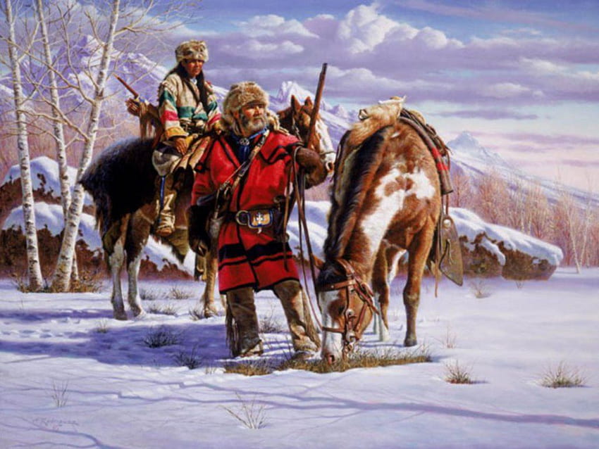 時が経つにつれ、毛皮猟師と山岳民族が最も多くの獲物を捕獲するようになりました。Mountain Man Art 高画質の壁紙