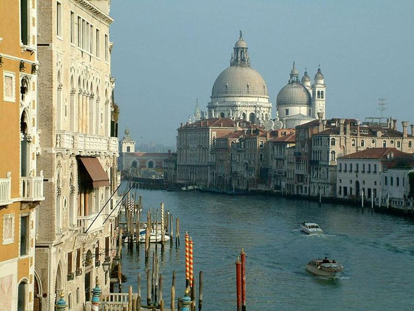 Канал Гранде във Венеция, сгради, небе, вода, лодки HD тапет