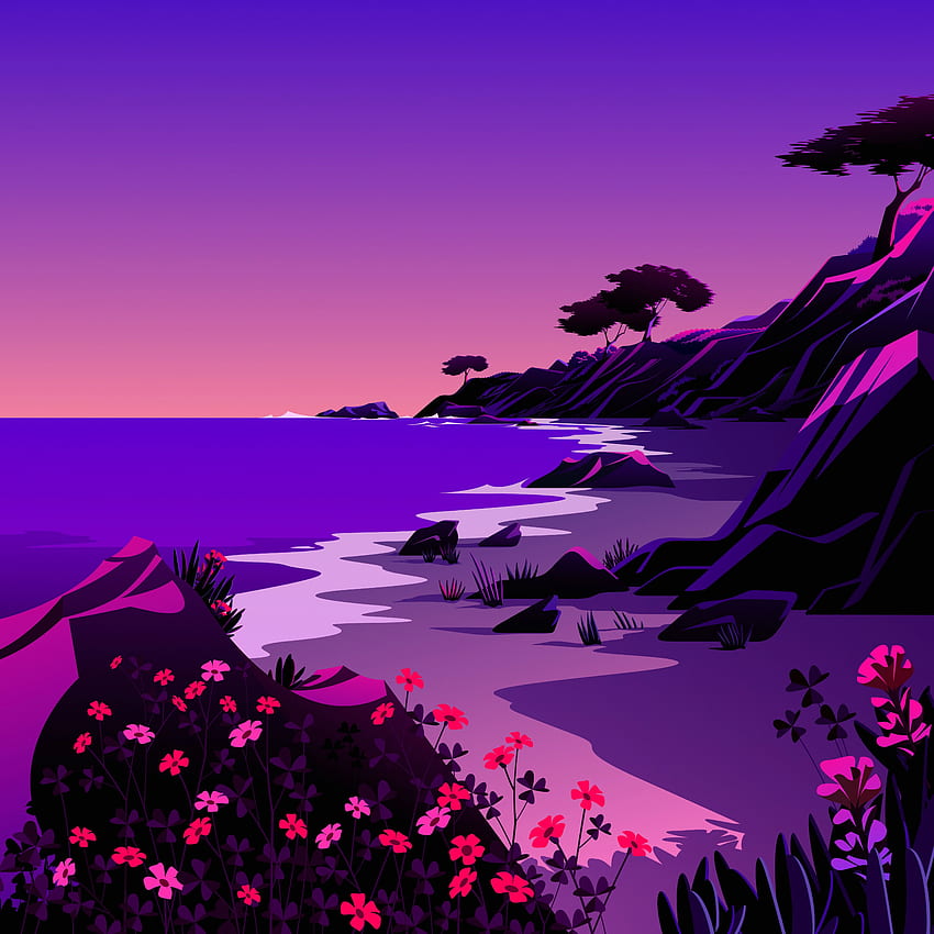 Praia, Paisagem, Crepúsculo, Pôr do sol, Cenário, Ilustração, macOS Big Sur, iOS 14, Natureza Papel de parede de celular HD