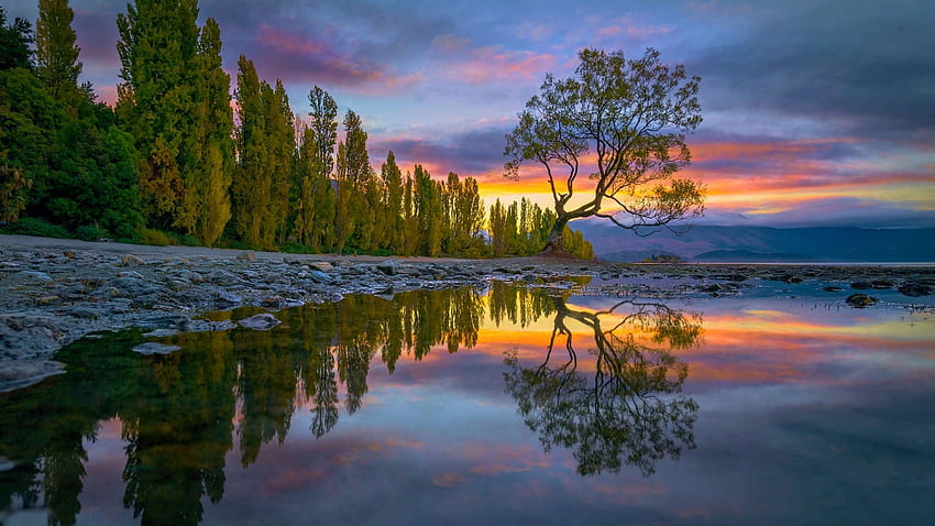 Jezioro Wanaka, Nowa Zelandia, zachód słońca, odbicia, drzewa, kolory, chmury, niebo, woda Tapeta HD
