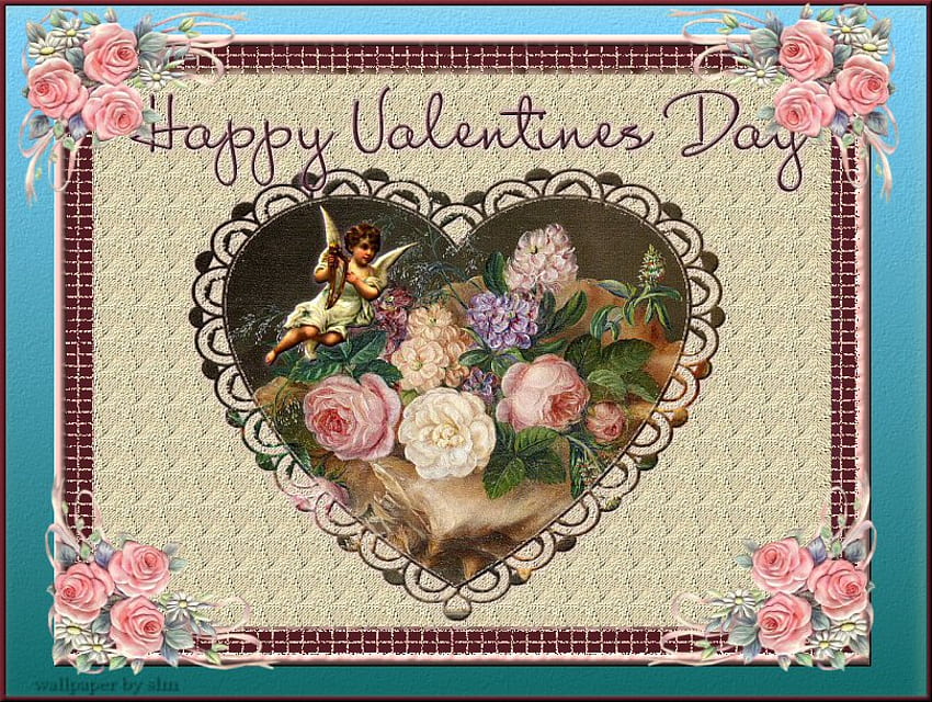 HAPPY VALENTINES DAY, Valentinsgrüße, Maske, Engel, rosa Blumen, Herz, viktorianisch HD-Hintergrundbild