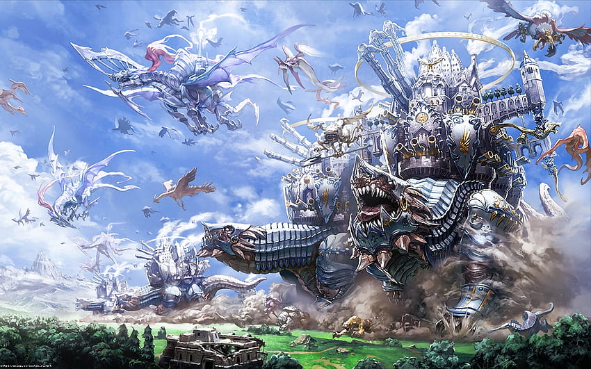 Living Fortress, pistolas, armaduras, dragones, anime, fantasía, nubes, cielo, bestias fondo de pantalla