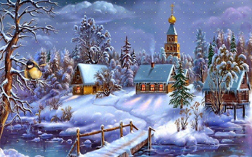 눈 덮인 크리스마스 밤 예술, 크리스마스 예술 HD 월페이퍼