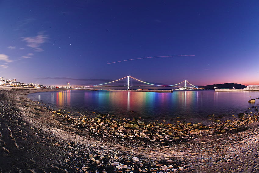 Cities, Shore, Bank, Bridge, Evening, Japan, Strait, Akashi Kaikyo, Akashi-Kaikeo, Of Japan HD wallpaper