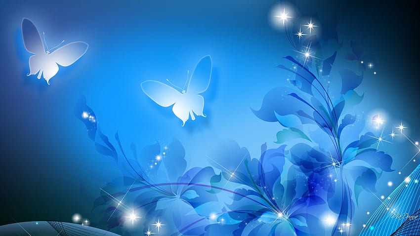 Цветя: Светещи цветя Абстрактни искрящи пеперуди Блестящи лилии Сини HD тапет