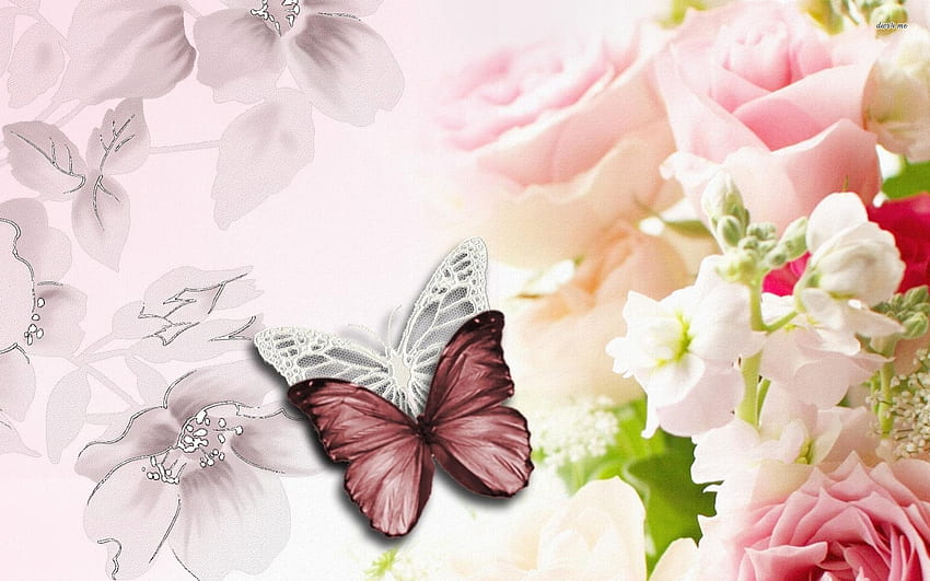 Butterfly and flowers, pink, butterfly, petal, flower HD wallpaper