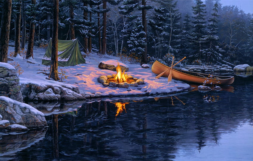 l'hiver, la forêt, la neige, le lac, la lune, le bateau, l'épicéa, le feu, la tente, le pin, la peinture, l'orignal, Darrell Bush, la fin de l'automne, Back in the Pines for , section живопись, Late Winter Fond d'écran HD