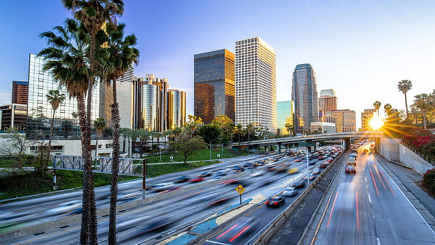 Los Angeles Downtown Buildings Skyline Highway Traffic Premium HD wallpaper