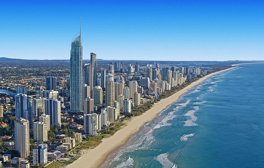 beach, the city, the ocean, coast, skyscrapers, Brisbane HD wallpaper