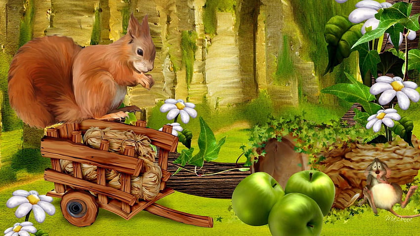 Friendly Forest Friends, faity tale, cute, grass, daisies, story, apples, mouse, trees, flowers, whimsical, forest, squirrel HD wallpaper