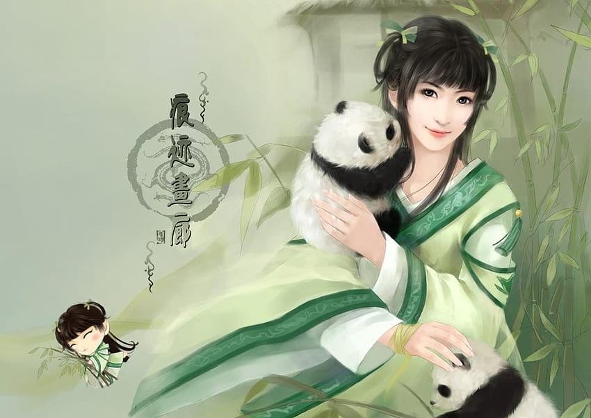 Chinese woman with a panda bear, bear, young, chinese, woman, panda HD wallpaper