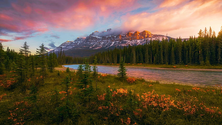 Bow River with Castle Mountain, Banff NP, Alberta, sunset, colors, clouds, landscape, trees, sky, canada HD wallpaper