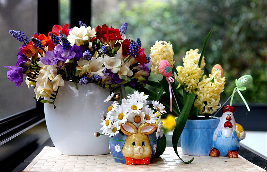 Flowers, Camomile, Bouquets, Beauty, Hyacinths, sia, Muscari, Muskari HD wallpaper