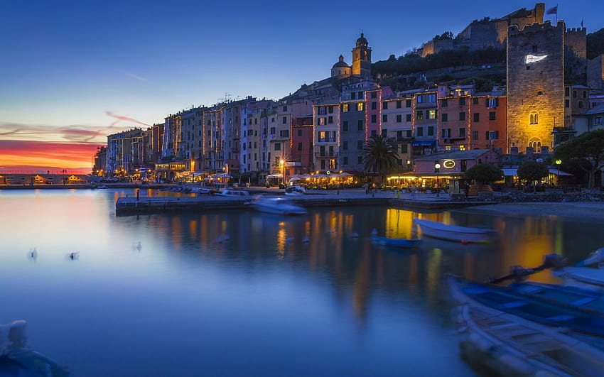 Porto Venere, Italia, amalfi, lampu, pantai, mediterania, malam Wallpaper HD