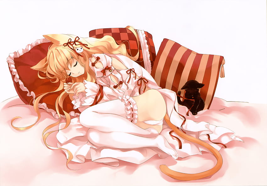 Neko, girl, long hair, tail, beauty, anime, ears, pillows, sleep HD wallpaper