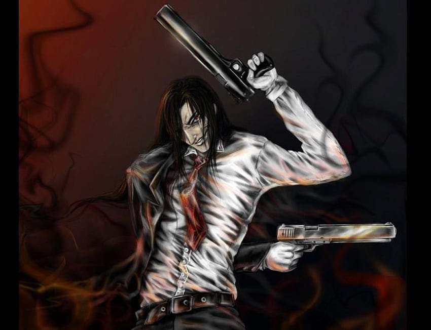 Alucard, rote Augen, schwarzes Haar, Vampir, dunkel, Dunkelheit, Anime, Hellsing, dunkles Haar, Waffe HD-Hintergrundbild
