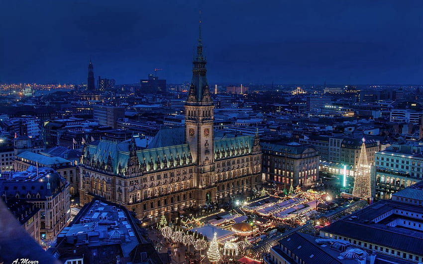 Städte, Gebäude, Nacht Stadt, Platz, Deutschland, Gegend, Hamburg, Rathaus HD-Hintergrundbild