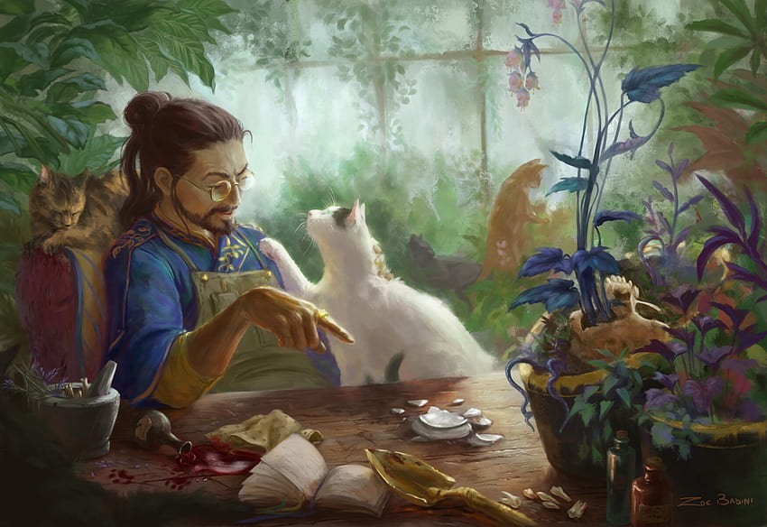 Botanist, cat, art, man, fantasy, zoe badini HD wallpaper