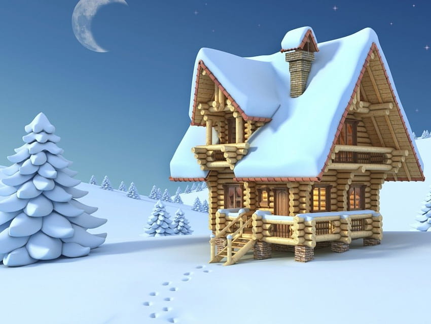 Paintings-A wooden chalet in middle of nowhere, wooden, winter, house, cold, tree, cabin, painting, nowhere, field, drawing, snow, , middle, chalet HD wallpaper
