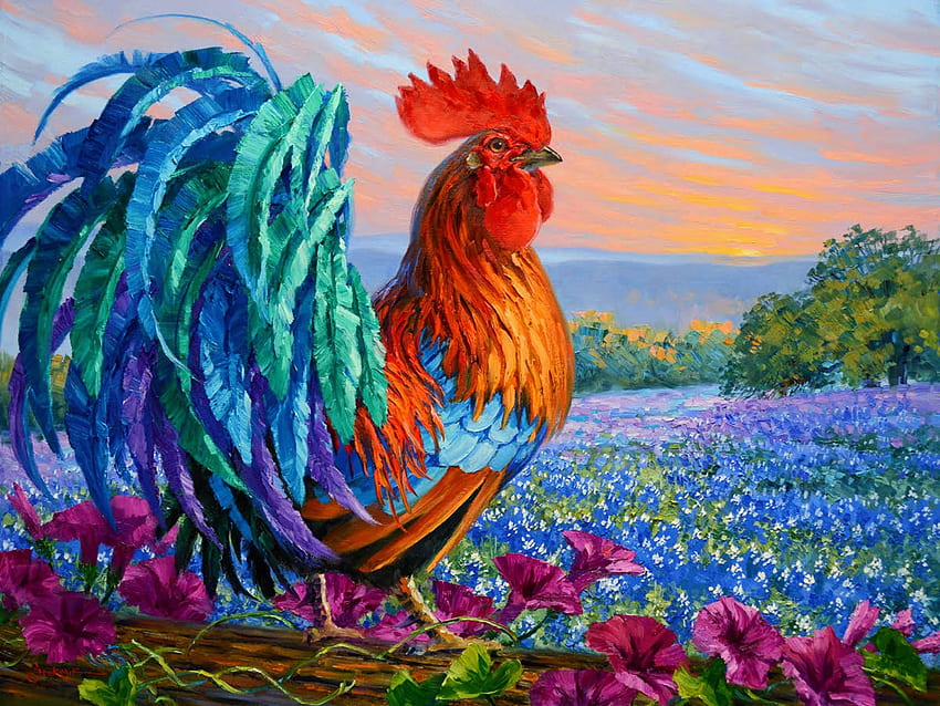 Bluebonnet Bugler, artwork, nature, flowers, rooster, painting HD wallpaper