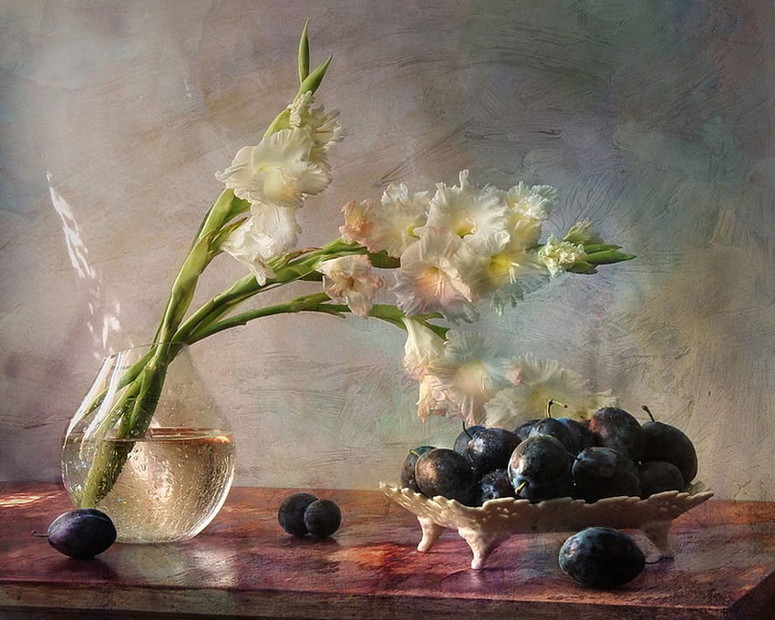 Still Life, table, vase, tray, abstract, life, plum, glass, flowers, water, still HD wallpaper