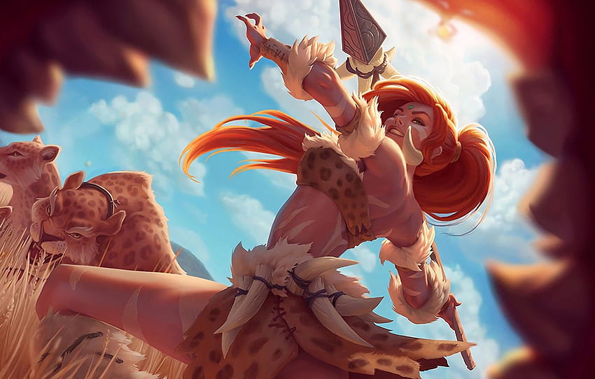 girl, art, hunting, spear, leopards, League of Legends, savage, Jon Buran, Leopard Nidalee for , section фантастика HD wallpaper