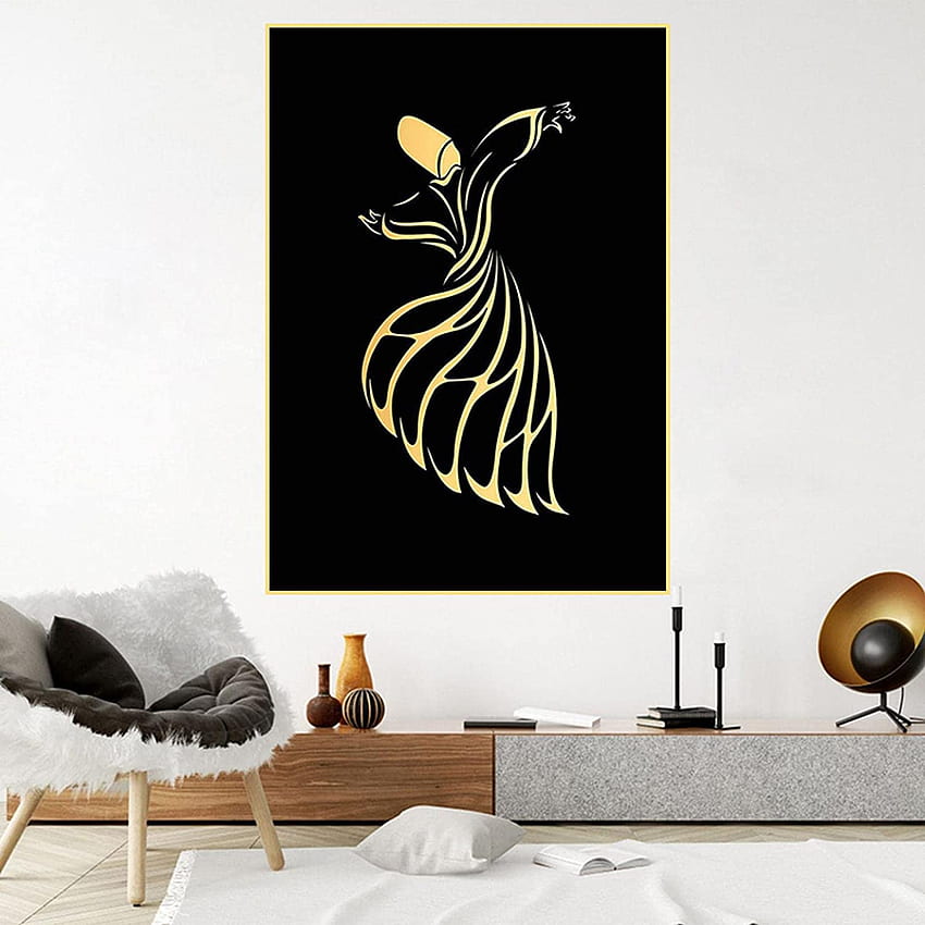 ストレッチキャンバス絵画の旋回ダーヴィッシュ抽象ゴールドアッラーイスラム書道プリントポスターイスラム教徒の装飾壁画cm フレームレス: Poster & Prints HD電話の壁紙