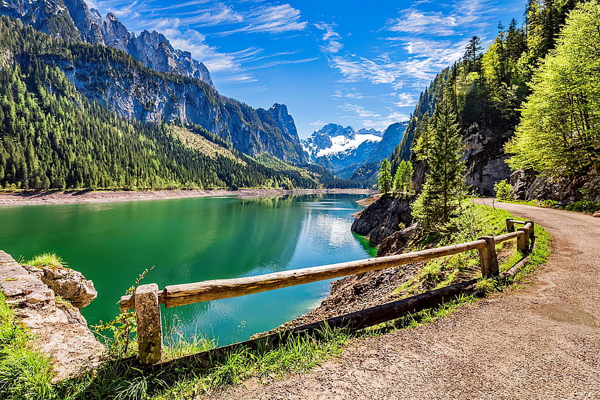 Lake Gosau, Austria, Alps, hills, beautiful, serenity, tranquil, mountain, lake, summer, reflection, fence, Austria, sky HD wallpaper